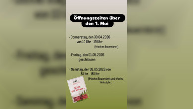 Öffnungszeiten über den 1. Mai 
