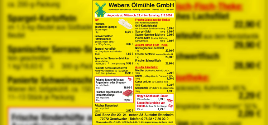 Neue Wochenangebote bei Webers Ölmühle – gültig ab 22.04.-02.05.2026