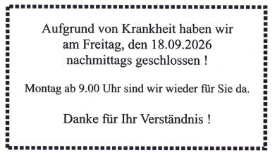 Freitag nachmittag geschlossen
